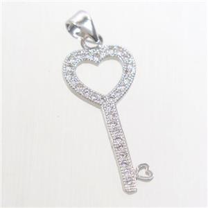 Zircon, copper pendant, key, platinum plated, approx 11x28mm [FDZN01]