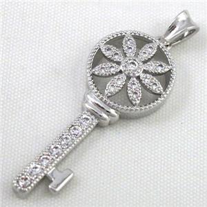 Zircon, copper pendant, key, platinum plated, approx 12x36mm [FDZN02]
