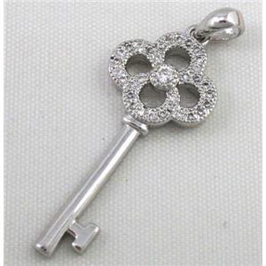 Zircon, copper pendant, key, platinum plated, approx 12x34mm [FDZN03]