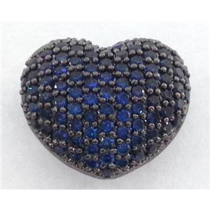 paved zircon copper bead, heart, blue, black plated, approx 14mm wide [FDZN105]