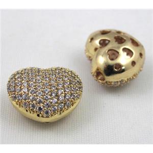 paved zircon copper bead, heart, gold plated, approx 14mm wide [FDZN116]