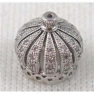 paved zircon copper bead, crown, platinum plated, approx 16mm dia [FDZN117]