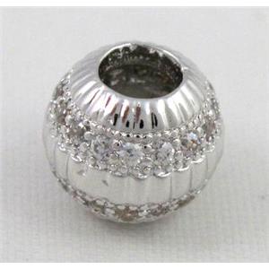 Zircon, bracelet spacer, copper bead, platinum plated, approx 10mm dia, 4.5mm hole [FDZN15]