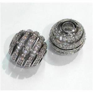 paved zircon copper bead, round, platinum plated, approx 14mm dia [FDZN160]