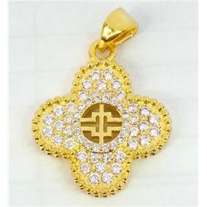 Copper Clover Pendant Pave Zircon Gold Plated, approx 17x20mm [FDZN60]