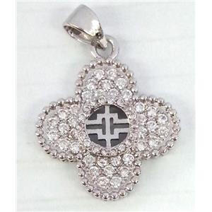 Copper Clover Pendant Pave Zircon Platinum Plated, approx 17x20mm [FDZN61]