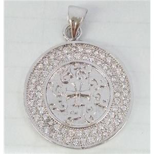 Copper Circle Pendant Pave Zircon Platinum Plated, approx 20mm dia [FDZN68]