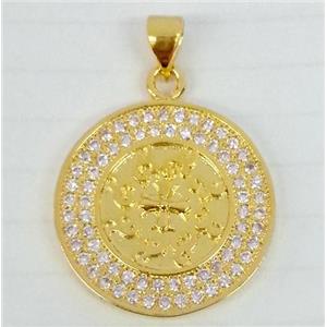 Copper Circle Pendant Pave Zircon Gold Plated, approx 20mm dia [FDZN69]