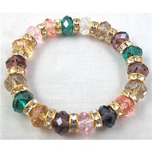 Chinese Crystal Glass Bracelet, rhinestone, stretchy, mix color, 60mm dia, bead:10mm dia [FGBR02]