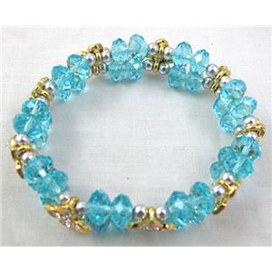 Chinese Crystal Glass Bracelet, rhinestone, stretchy, aqua, 60mm dia, bead:8mm, flower:9x9mm [FGBR03]