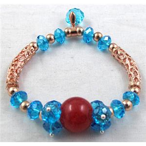 Chinese Crystal Glass Bracelet, jade, stretchy, blue, 60mm dia,jade:14mm, glass:8mm,tube:6mm ,25mm length [FGBR14C02]
