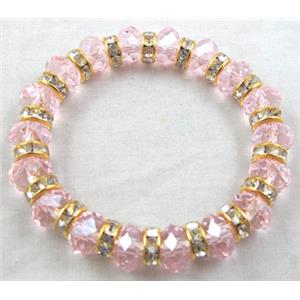 Chinese Crystal Glass Bracelet, rhinestone, stretchy, pink, 60mm dia, bead:10mm dia [FGBR15C02]