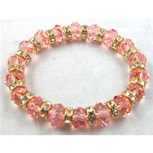 Chinese Crystal Glass Bracelet, rhinestone, stretchy, rose-pink, 60mm dia, bead:10mm dia [FGBR15C06]