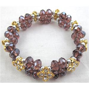 Chinese Crystal Glass Bracelet, rhinestone, stretchy, purple, 60mm dia, bead:8mm, flower:9x9mm [FGBR20C01]
