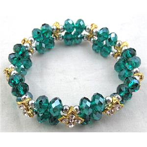 Chinese Crystal Glass Bracelet, rhinestone, stretchy, peacock-blue, 60mm dia, bead:8mm, flower:9x9mm [FGBR20C02]