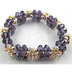 Chinese Crystal Glass Bracelet, rhinestone, stretchy, purple, 60mm dia, bead:8mm, flower:9x9mm [FGBR20C04]