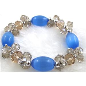 stretchy Bracelet with Chinese crystal beads, cat eye beads, 60mm dia, cat inchs eye bead: 11x18mm, glass bead:8mm [FGBR24C06]