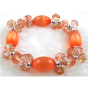 stretchy Bracelet with Chinese crystal beads, cat eye beads, 60mm dia, cat inchs eye bead: 11x18mm, glass bead:8mm [FGBR24C07]