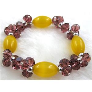 stretchy Bracelet with Chinese crystal beads, cat eye beads, 60mm dia, cat inchs eye bead: 11x18mm, glass bead:8mm [FGBR24C08]