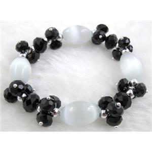 stretchy Bracelet with Chinese crystal beads, cat eye beads, 60mm dia, cat inchs eye bead: 11x18mm, glass bead:8mm [FGBR24C09]