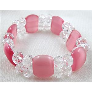 stretchy Bracelet with Chinese crystal beads, cat eye beads, pink, 60mm dia, cat inchs bead:12.5x17.5mm, glass:8mm [FGBR26C03]