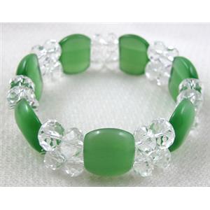 stretchy Bracelet with Chinese crystal beads, cat eye beads, green, 60mm dia, cat inchs bead:12.5x17.5mm, glass:8mm [FGBR26C04]