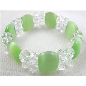 stretchy Bracelet with Chinese crystal beads, cat eye beads, lt.green, 60mm dia,cat inchs bead:12.5x17.5mm, glass:8mm [FGBR26C05]
