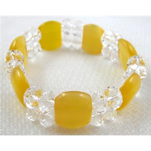stretchy Bracelet with Chinese crystal beads, cat eye beads, yellow, 60mm dia,cat inchs bead:12.5x17.5mm, glass:8mm [FGBR26C06]