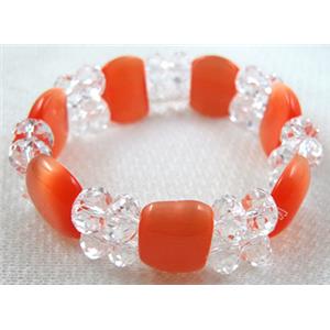 stretchy Bracelet with Chinese crystal beads, cat eye beads, red, 60mm dia,cat inchs bead:12.5x17.5mm, glass:8mm [FGBR26C07]