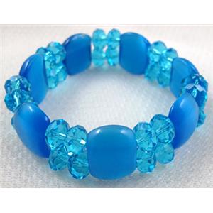 stretchy Bracelet with Chinese crystal beads, cat eye beads, blue, 60mm dia,cat inchs bead:12.5x17.5mm, glass:8mm [FGBR26C08]