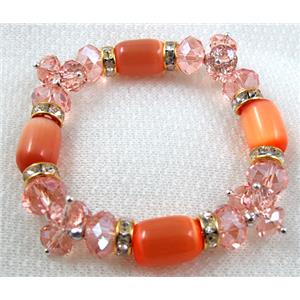 stretchy Bracelet with Chinese crystal beads, rhinestone, cat eye beads, red, 60mm dia, cat inchs eye bead:10x14mm, glass:8mm,10mm [FGBR27C01]