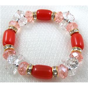 stretchy Bracelet with Chinese crystal beads, rhinestone, cat eye beads, red, 60mm dia, cat inchs eye bead:10x14mm, glass:8mm,10mm [FGBR27C02]