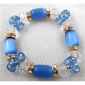 stretchy Bracelet with Chinese crystal beads, rhinestone, cat eye beads, blue, 60mm dia, cat inchs eye bead: 11.5x18mm, glass bead:8m [FGBR27C03]