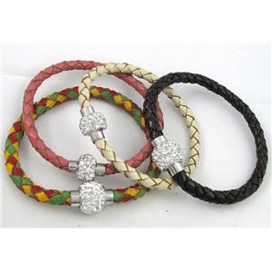 bracelet with leather cord, rhinestone Magnetic Clasp, mixed, approx 5mm dia, 21cm length [FGBR280-5MM]