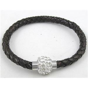 bracelet with leather cord, rhinestone Magnetic Clasp, black, approx 4mm dia, 21cm length [FGBR285-4MM]