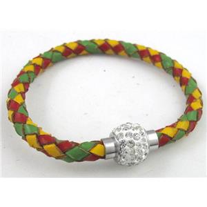 bracelet with leather cord, rhinestone Magnetic Clasp, rainbow, approx 4mm dia, 21cm length [FGBR286-4MM]