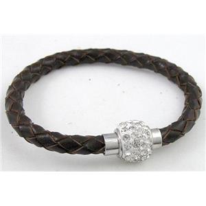 bracelet with leather cord, rhinestone Magnetic Clasp, coffee, approx 4mm dia, 21cm length [FGBR287-4MM]
