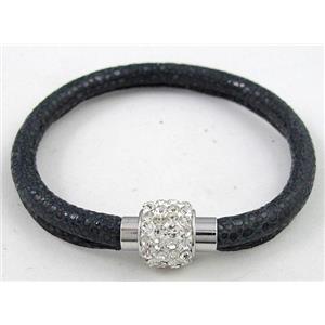 bracelet with leather cord, rhinestone Magnetic Clasp, black, approx 6mm dia, 21cm length [FGBR288]
