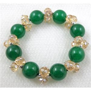 stretchy Bracelet with Chinese crystal beads, jade beads, green, 60mm dia, jade bead:14mm, glass:8mm [FGBR28C02]