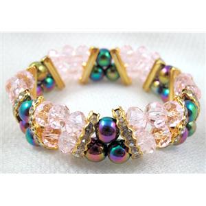 Chinese Crystal Beads Bracelet, stretchy, rhinestone, magnetic hematite, pink, 60mm dia,glass:8mm,Hematite bead:8mm [FGBR30C03]