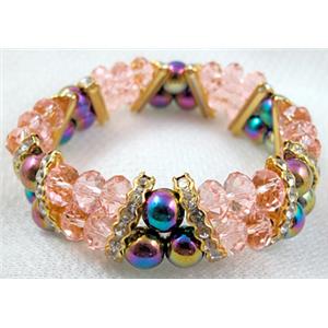 Chinese Crystal Beads Bracelet, stretchy, rhinestone, magnetic hematite, 60mm dia,glass:8mm,Hematite bead:8mm [FGBR30C05]