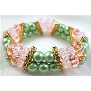 Chinese Crystal Beads Bracelet, stretchy, rhinestone, magnetic hematite, pink, 60mm dia,glass:8mm,Hematite bead:8mm [FGBR30C06]
