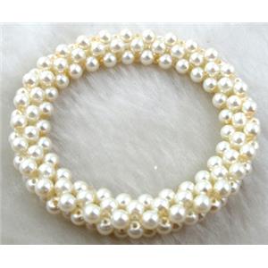 pearlized glass bracelet, stretchy, white, 10mm wide, 60mm dia, glass bead:4mm [FGBR33C01]