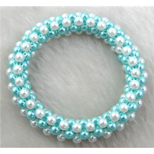 pearlized glass bracelet, stretchy, aqua, 10mm wide, 60mm dia, glass bead:4mm [FGBR33C02]