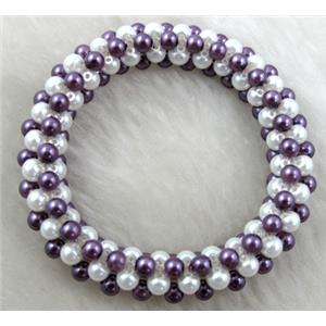 pearlized glass bracelet, stretchy, purple, 10mm wide, 60mm dia, glass bead:4mm [FGBR33C03]