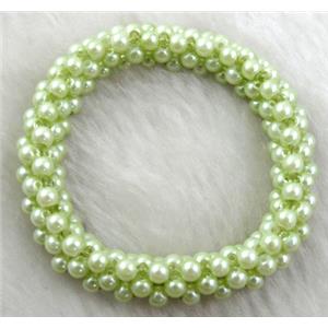 pearlized glass bracelet, stretchy, green, 10mm wide, 60mm dia, glass bead:4mm [FGBR33C04]