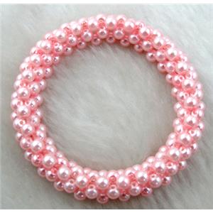 pearlized glass bracelet, stretchy, pink, 10mm wide, 60mm dia, glass bead:4mm [FGBR33C05]