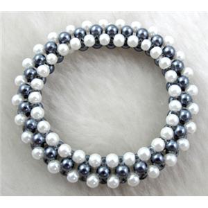 pearlized glass bracelet, stretchy, grey, white, 10mm wide, 60mm dia, glass bead:4mm [FGBR33C06]