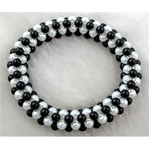 pearlized glass bracelet, stretchy, black, white, 10mm wide, 60mm dia, glass bead:4mm [FGBR33C07]