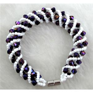 Chinese Crystal Glass Bracelet, purple rainbow, 10mm wide, 70mm dia, glass bead:4mm, seed bead:2mm [FGBR34C02]